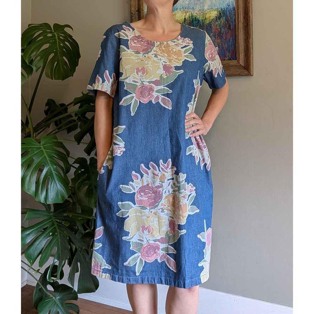 Denim & Co Floral Denim Shift Dress Blue Rose Pockets Size M Modest Retro Look